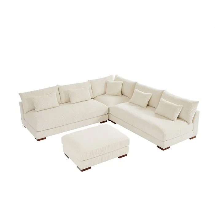 Canapé d'angle réversible et pouf en velours côtelé beige SPERONE
