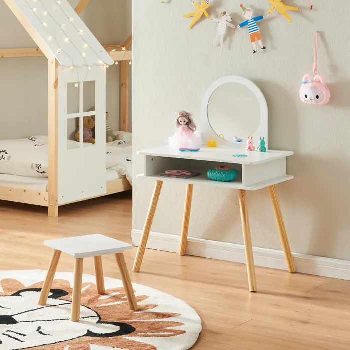 Table de maquillage pour enfants avec tabouret Ovanaaker 91,5 x 62 x 43,5 cm Blanc Naturel en.casa