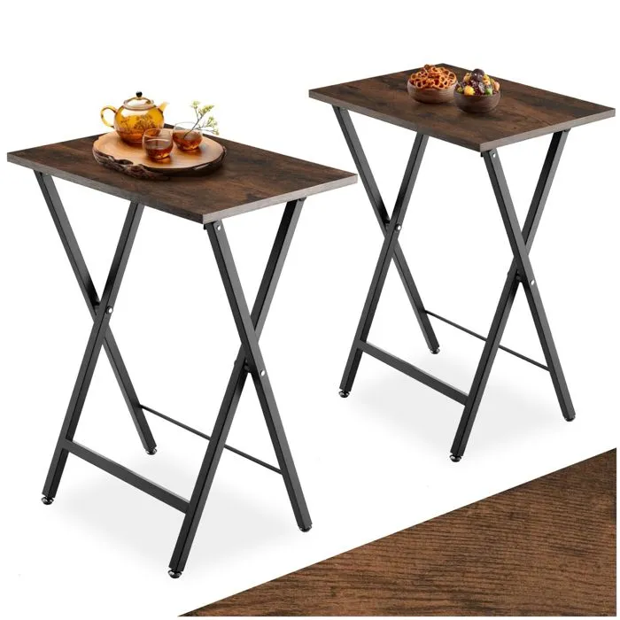 Ensemble de 2 tables d'appoint pliables Bois foncé industriel, rustique