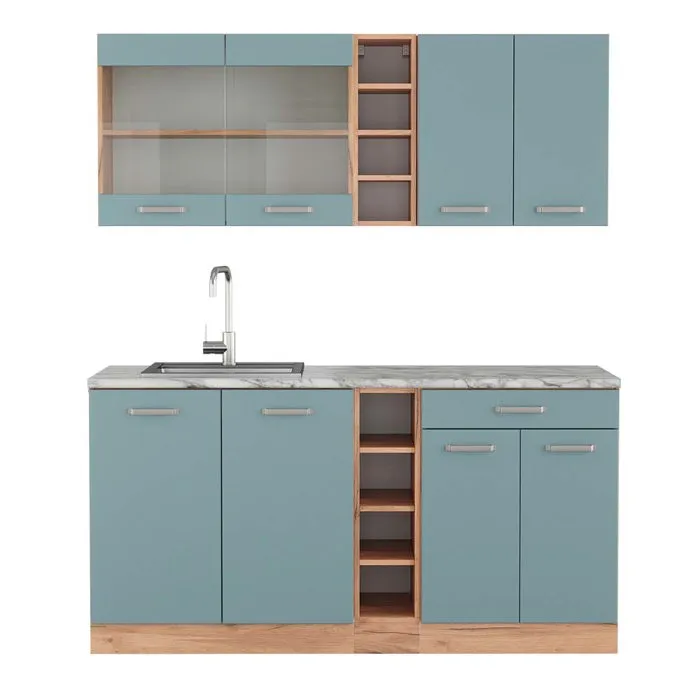 Vicco Cuisine Bleu-gris/chêne doré 160cm, PT Marbre