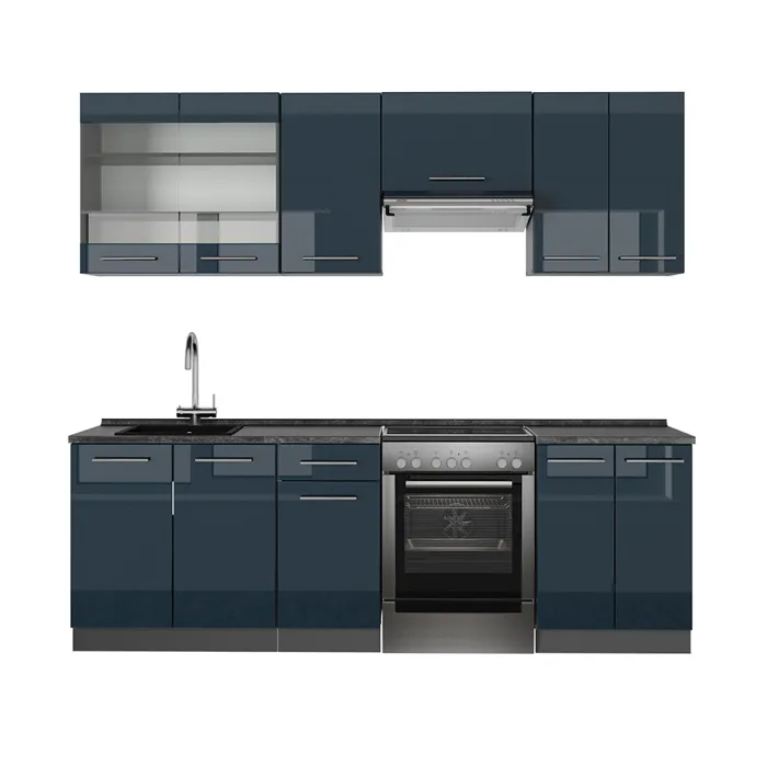 Vicco Ligne de cuisine Bleu foncé brillant/Anthracite 240cm sans PT