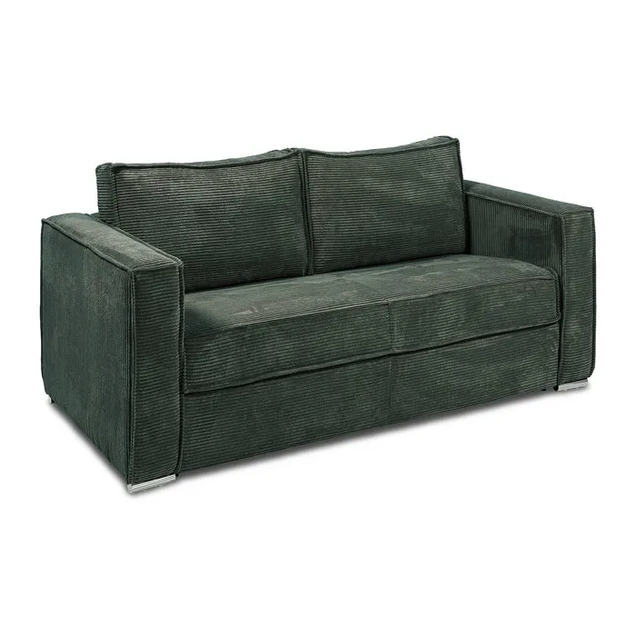 Canapé 3 places convertible express en velours côtelé vert sapin - Couchage à lattes larges 140 cm - Matelas 22 cm avec mémoire de