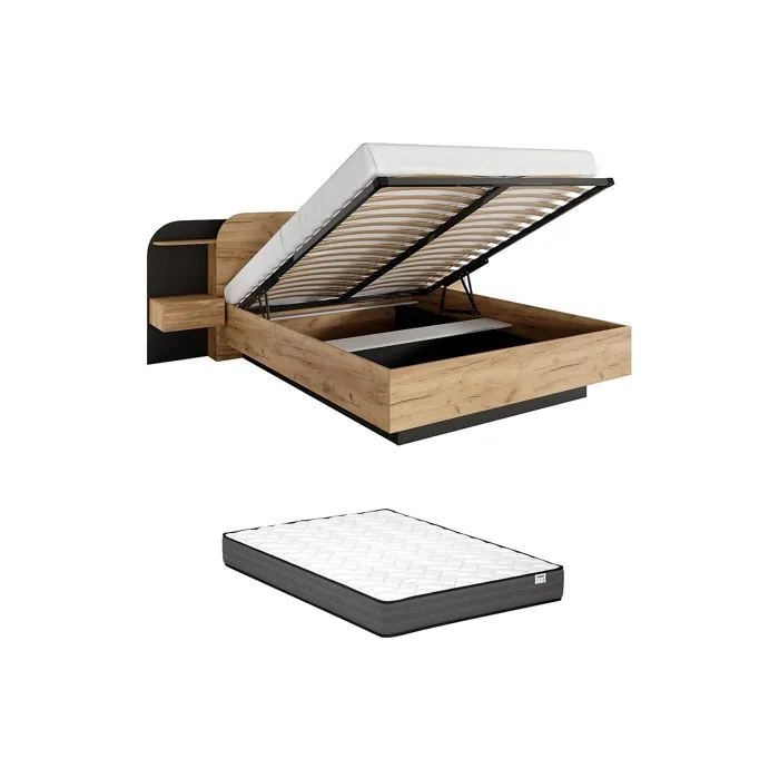 Lit coffre avec chevets 160 x 200 cm - Avec LEDs - Coloris: Naturel et noir + Matelas - JUVISIA