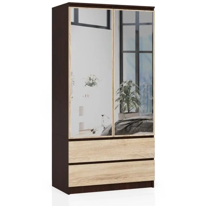 Armoire Akord S90 Wengé 90 Cm 2 Portes 2 Tiroirs Façade Chêne Sonoma 4 Étagères 90x51x180 Cm