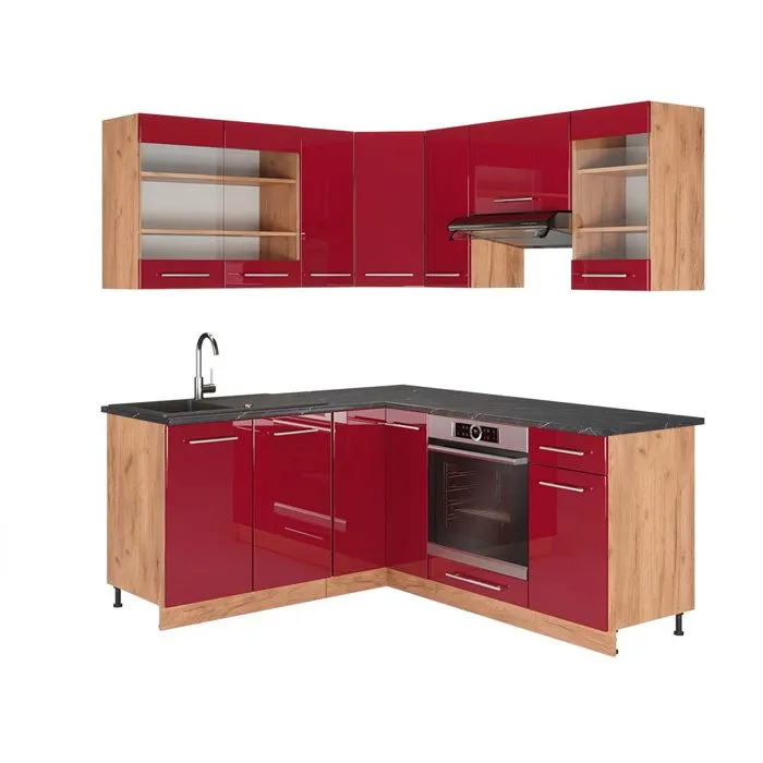 Vicco Cuisine en angle Rouge bordeaux Haute brillance/Chêne de force doré 190 x 160 cm, PT Anthracite