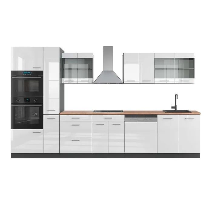 Vicco Cuisine Blanc brillant/Anthracite 350cm avec armoire haute, PT Chêne