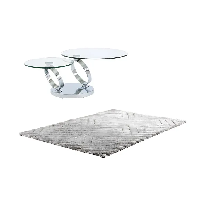 Ensemble table basse plateau pivotant transparent JOLINE et tapis shaggy gris MAZE