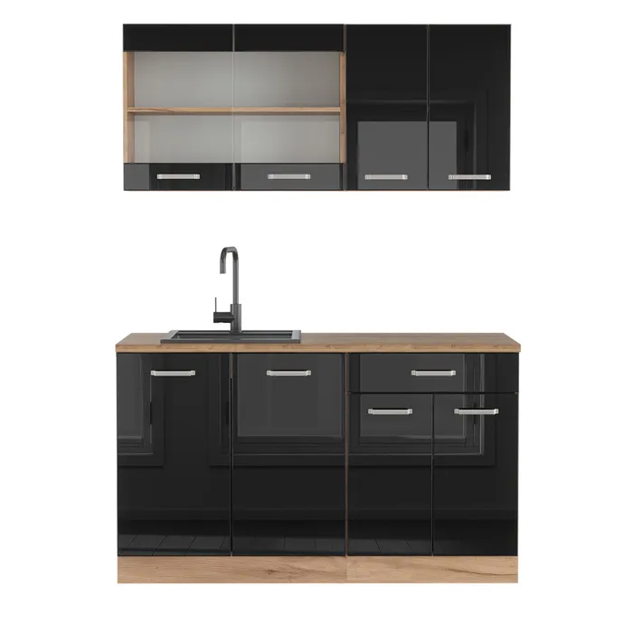 Vicco Cuisine Noir brillant/Chêne doré 140cm sans PT