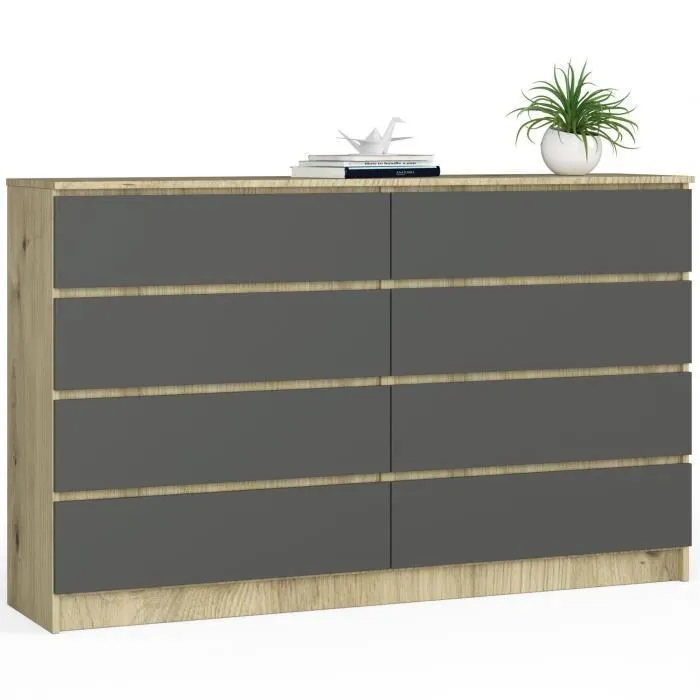 Grande Commode Pour Le Salon Akord K160 Chêne Artisan 160 Cm 8 Tiroirs Façade Gris Graphite 160x40x99 Cm
