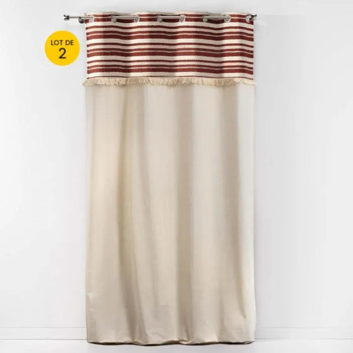 Lot de 2 Rideaux Tamisants à Œillets 140 x 240 cm Coton Uni + Top Rayé à Franges Atlas Terracotta