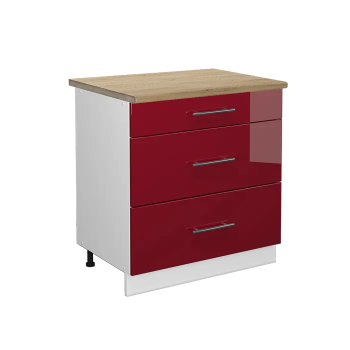 Vicco Meuble cuisine Rouge bordeaux Haute brillance/Blanc 80cm avec 3 tiroirs plan de travail Chêne doré