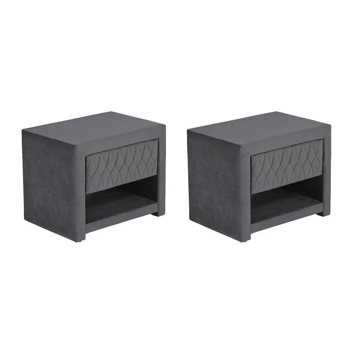 Lot de 2 tables de chevet - 1 tiroir et 1 niche - Tissu velours - Gris - DANIELE