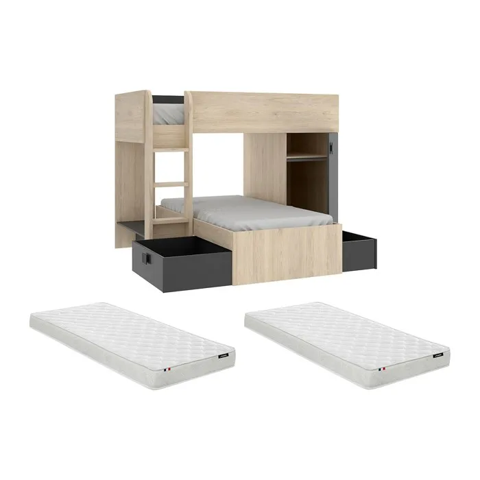 Lits superposés d'angle réversibles RICARDO - 2 x 90 x 190 cm - Rangements intégrés - Chêne et anthracite + matelas
