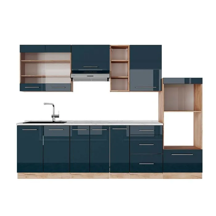Vicco Cuisine bleu foncé brillant/chêne doré 280cm, PT Marbre