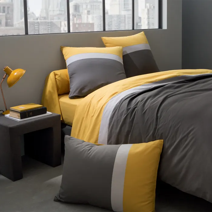 Housse De Couette Bicolore Unie En Coton, Meli Melo - 140 X 200 Cm - Gris Zinc Et Curry