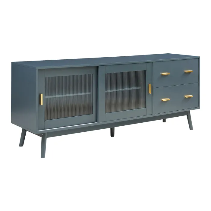 Meuble TV Susa avec façade en verre strié 160 x 40 x 65 cm gris en.casa