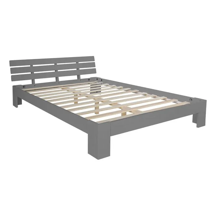 Lit Double 2 Personnes Pour Adulte Avec Sommier À Lattes En Bois Gris 140x Lit06209