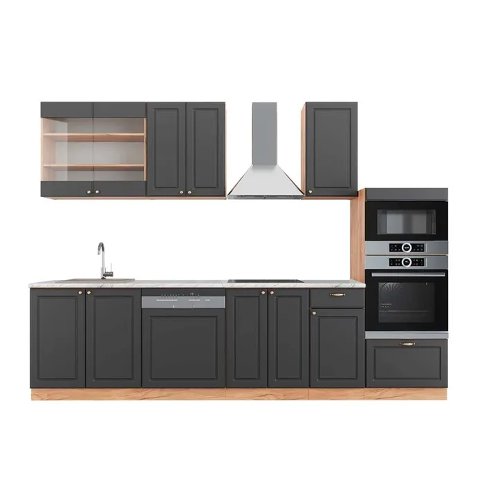 Vicco Cuisine Anthracite Campagne/Chêne doré 300cm avec armoire haute, PT Marbre