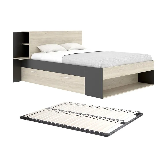 Lit 140 x 190 cm avec rangements - Coloris: Naturel et noir + Sommier - KEROSIA