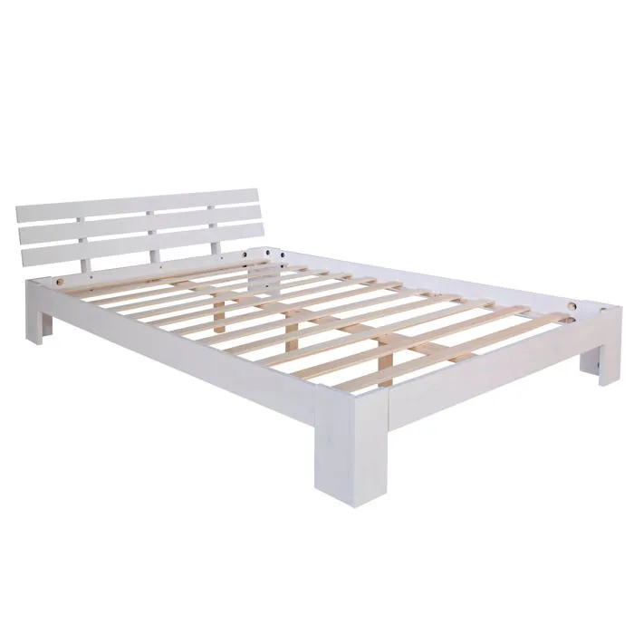 Lit Double 2 Personnes Avec Sommier À Lattes En Bois Blanc 120 X 200 Lit06213