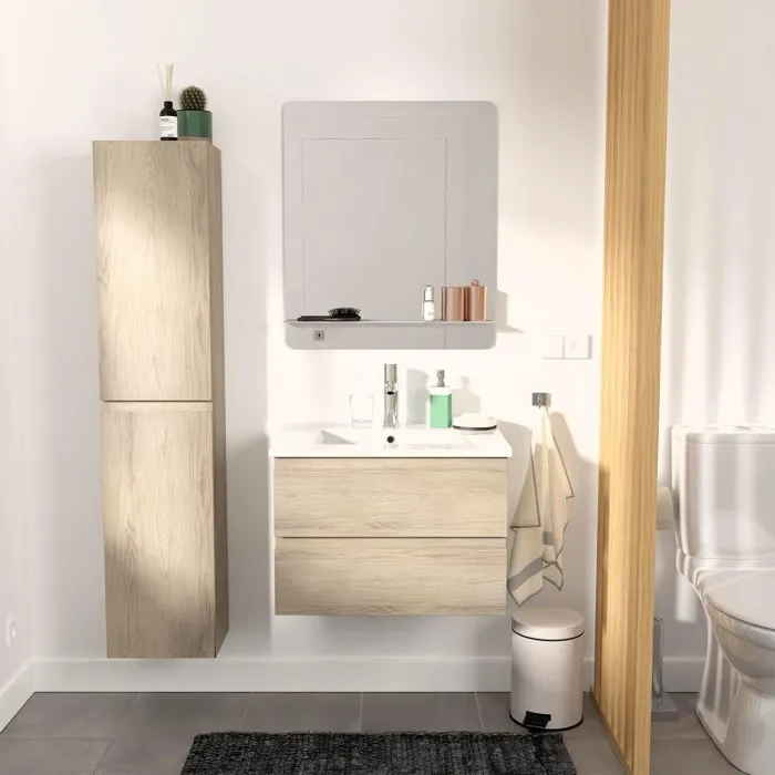 Meuble simple vasque 60cm avec vasque, miroir et colonne SORRENTO Décor chêne