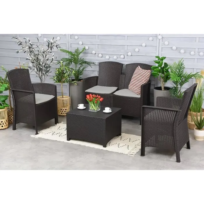 Ensemble de salon d'extérieur Asiak, Salon de jardin avec coussins, Salon d'intérieur effet rotin, 100% Made in Italy, Anthracite