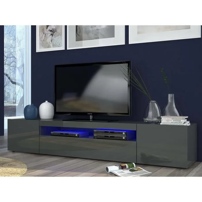 Meuble Tv Avec Led Effet Bois Anthracite Brillant 200x40 Cm