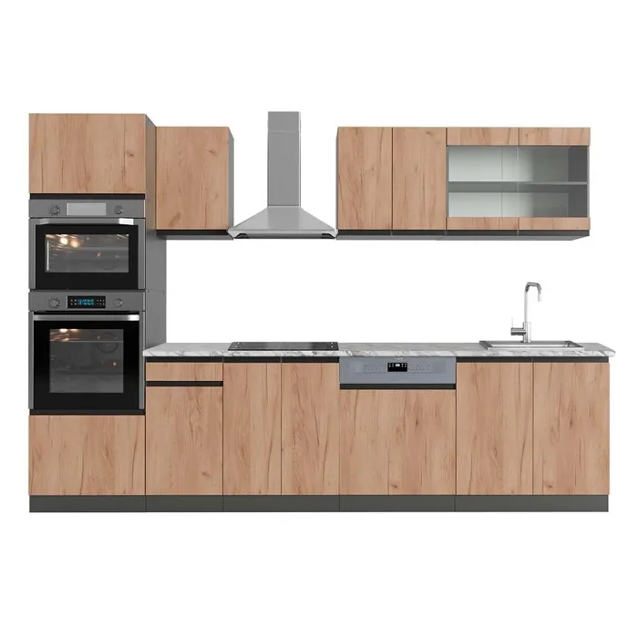 Vicco Cuisine Chêne doré/anthracite 300cm avec armoire haute, PT Marbre
