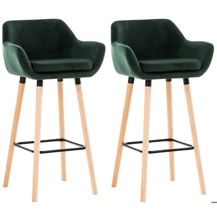 Lot De 2 Tabourets De Bar En Velours Vert Pieds En Bois Avec Repose-pieds 10_0000319