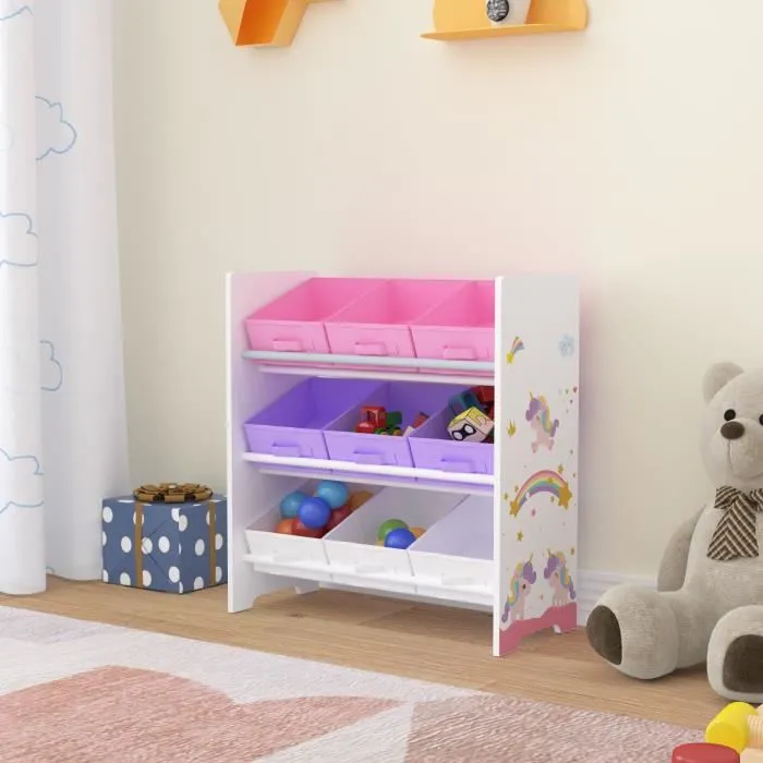 Étagère de rangement Boiro pour enfant avec 9 bacs pliables blanc violet rose en.casa