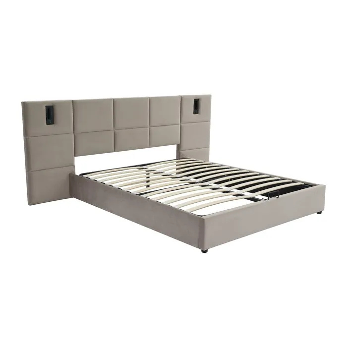 Lit coffre 180 x 200 cm avec tête de lit et lampe intégrée - Velours - Taupe - SARETO