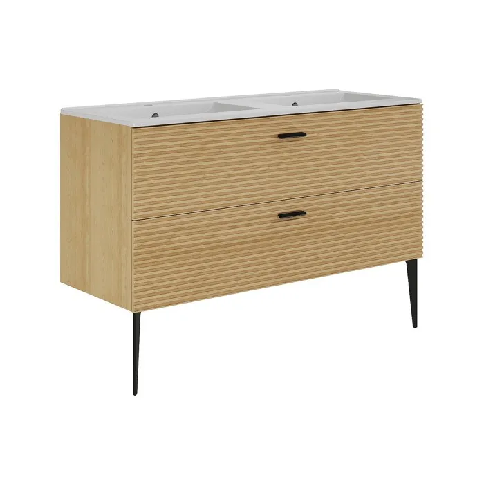 Meuble de salle de bain strié sur pieds avec vasque à encastrer - 2 tiroirs - Naturel clair - 120 cm - SARONE