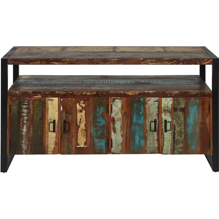Kali - Buffet 4 Portes Bois Recyclé Et Métal Noir