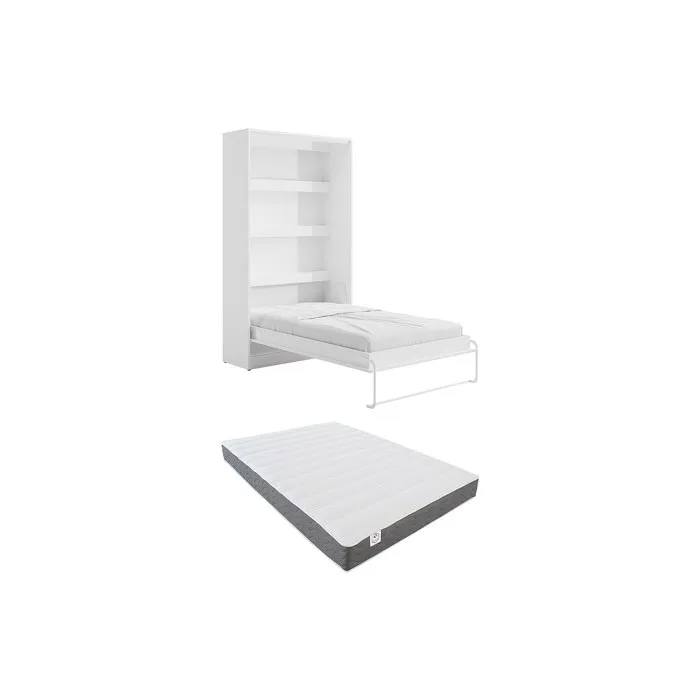 Lit escamotable 120 x 200 cm - Ouverture verticale manuelle - Avec LEDs - Blanc + Matelas - RAPILI