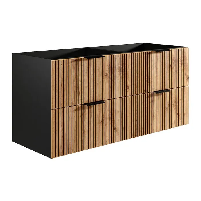 Meuble sous vasque suspendu strié - Naturel clair et noir - 120 cm - MADELA