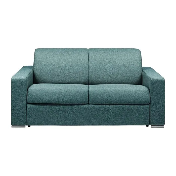 Canapé 2 places convertible express en tissu chiné bleu - Couchage lattes larges 120 cm - Matelas 18 cm avec mémoire de forme