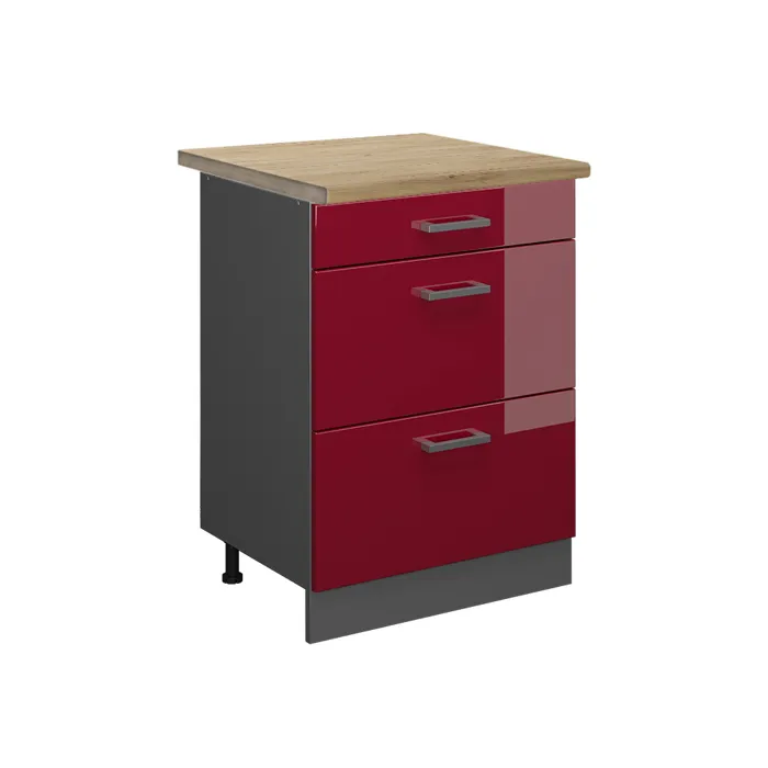Vicco Meuble cuisine Rouge brillant/Anthracite 60cm avec tiroirs plan de travail Chêne doré