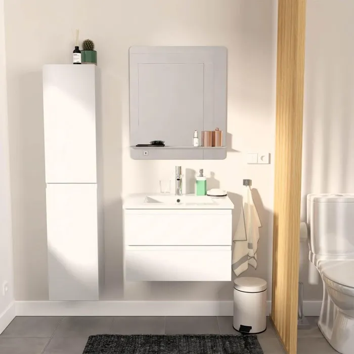 Meuble simple vasque 60cm avec vasque, miroir et colonne SORRENTO Blanc