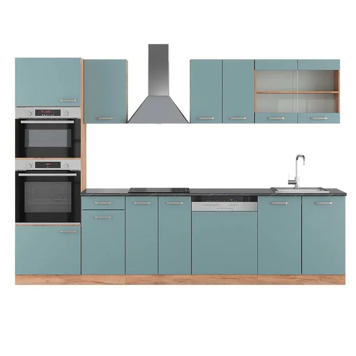Vicco Cuisine Bleu-gris/chêne doré 300cm avec armoire haute, PT Anthracite