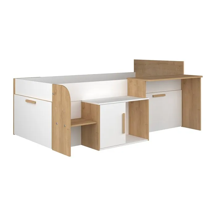 Lit combiné 90 x 200 cm avec bureau et rangements - Coloris: Blanc et naturel - PEDRO