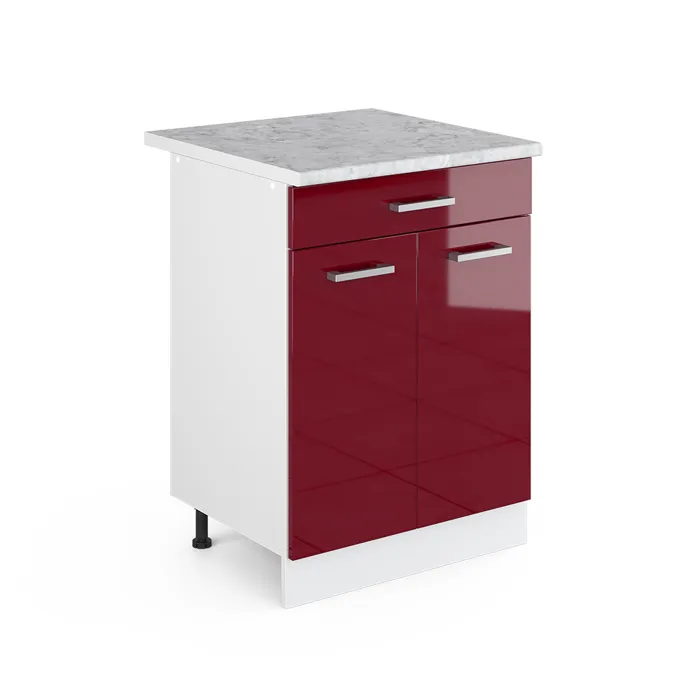 Vicco Meuble cuisine Rouge brillant 60cm avec tiroir, PT Marbre