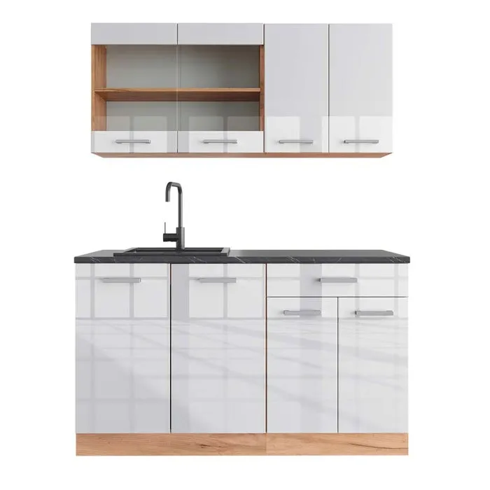 Vicco Cuisine Blanc brillant/Chêne doré 140cm, PT Anthracite