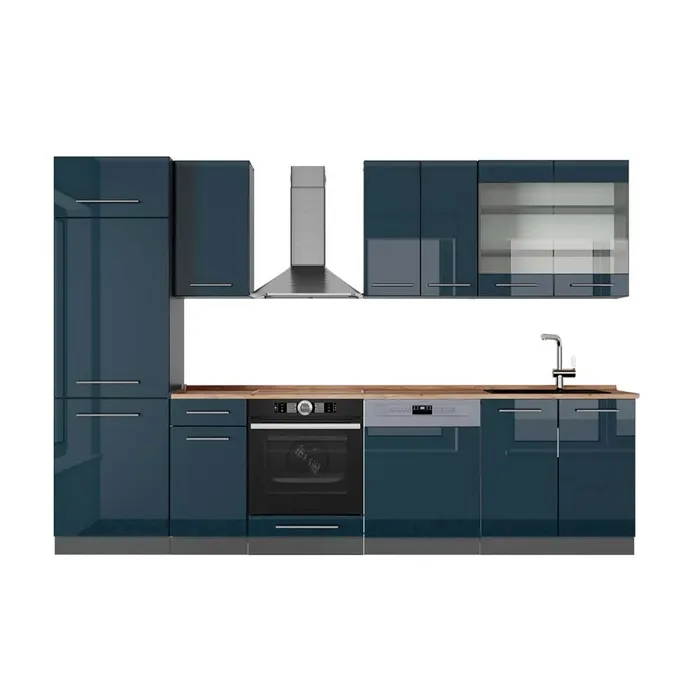 Vicco Cuisine Bleu foncé brillant/Anthracite 300cm, PT Chêne