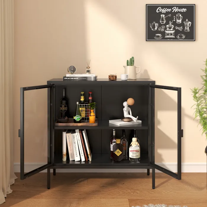 Buffet vitrine Borshavisa acier verre trempé 80 x 80 x 35 cm noir en.casa