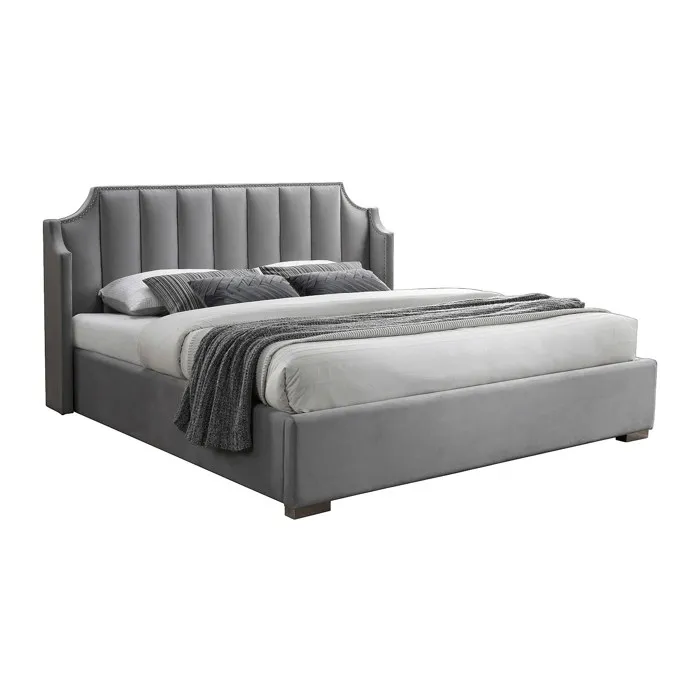 Lit coffre 180 x 200 cm avec tête de lit incurvée - Velours - Gris clair - TEOMIS