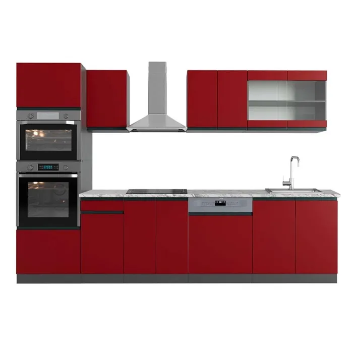 Vicco Cuisine Rouge/Anthracite 300cm avec armoire haute, PT Marbre