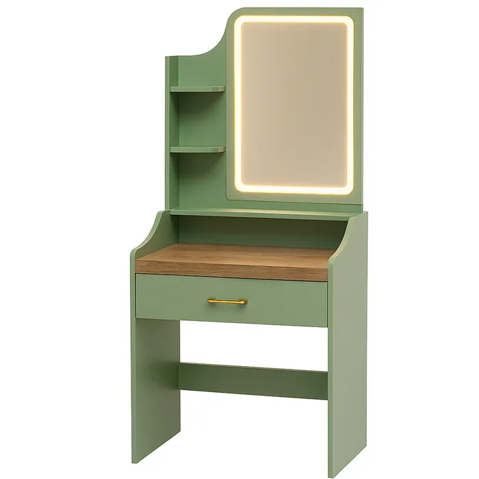 Afrodite - Coiffeuse Avec Lumière Led, Tiroir, 3 Étagères Et Prises, Station De Maquillage En Bois Sauge
