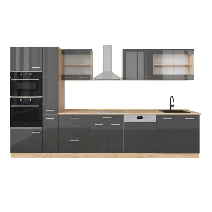 Vicco Cuisine Anthracite brillant/Chêne doré 350cm avec armoire haute, sans PT