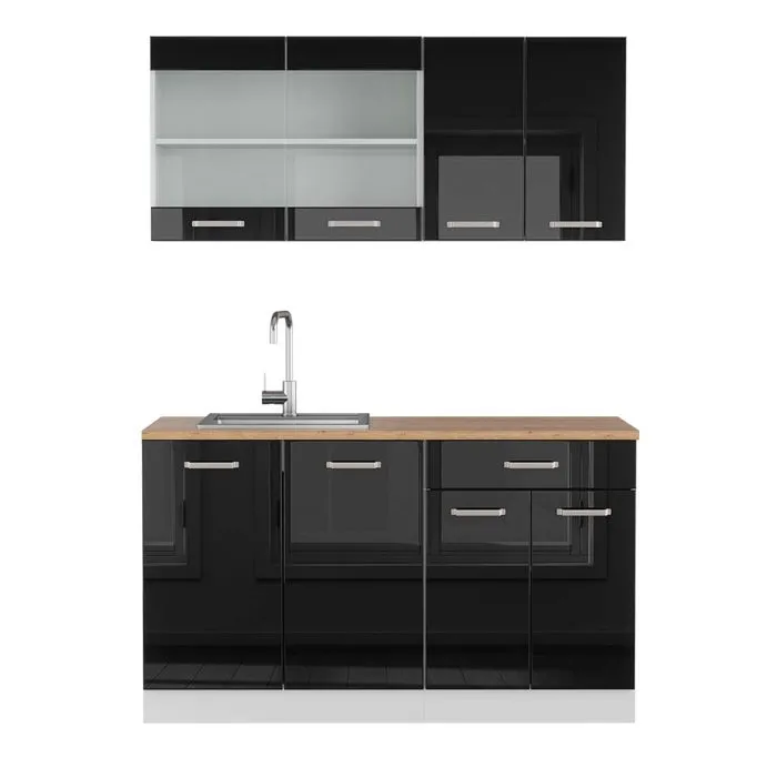 Vicco Cuisine Noir brillant/Blanc 140cm, PT Chêne