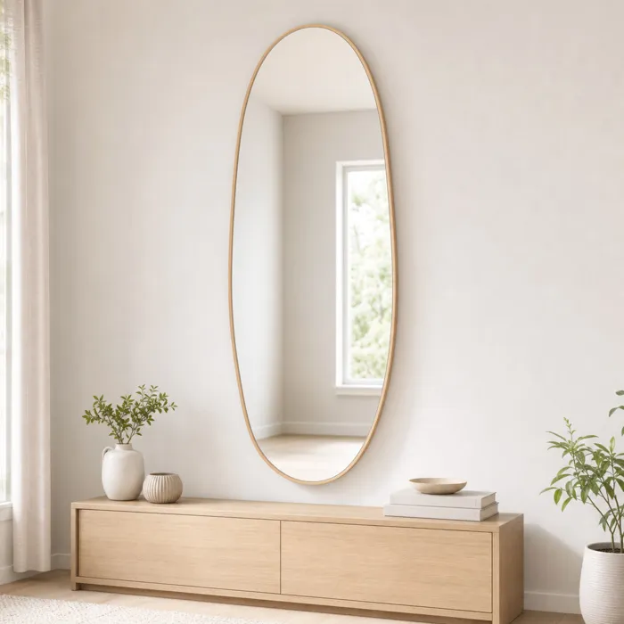 Karat - Miroir En Pied Organique 65 × 150 Cm - Verre Miroir Trempé Avec Film De Sécurité - Cadre Aluminium Aspect Bois Chaleureux - Reflet Cristallin
